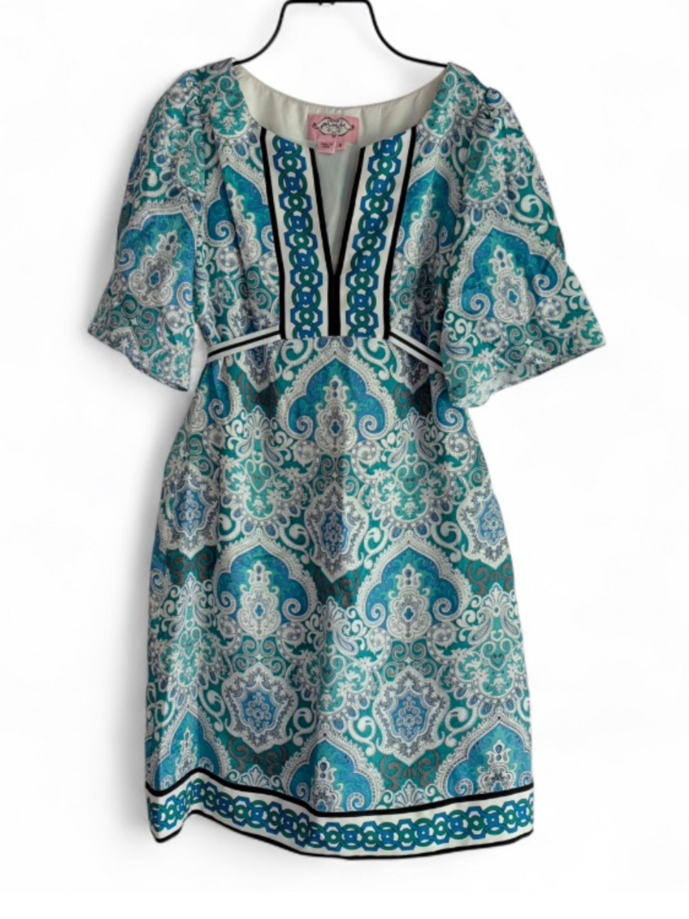 Phoebe Couture 100% Silk Teal Print V Neck Short Sleeve Dress Size 6